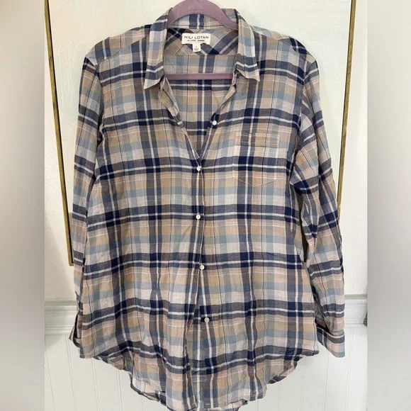 NILI LOTAN Lydia Plaid Shirt Buttondown Collar Brown Blue Tan Size L - Picture 1 of 4